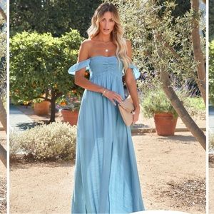 NWOT Vici Dolls CAN'T HURRY LOVE OFF THE SHOULDER MAXI DRESS - BLUE